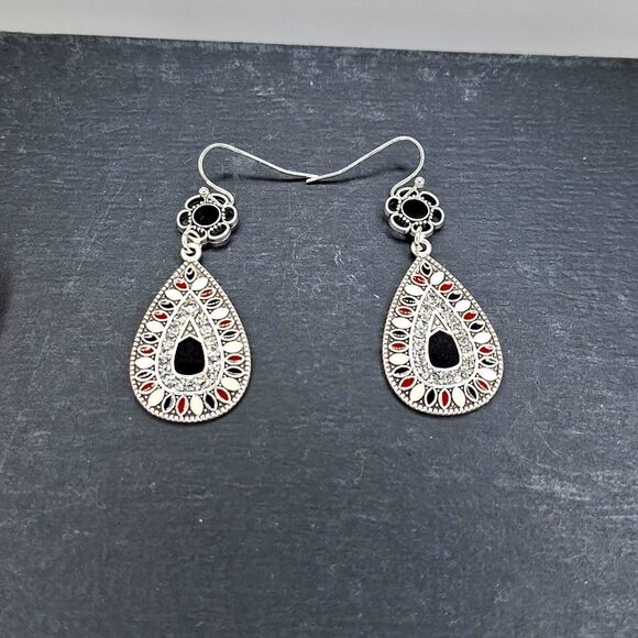 Silver tear drop earrings Bohemian Rhinestone black enamel - Picture 2 of 3